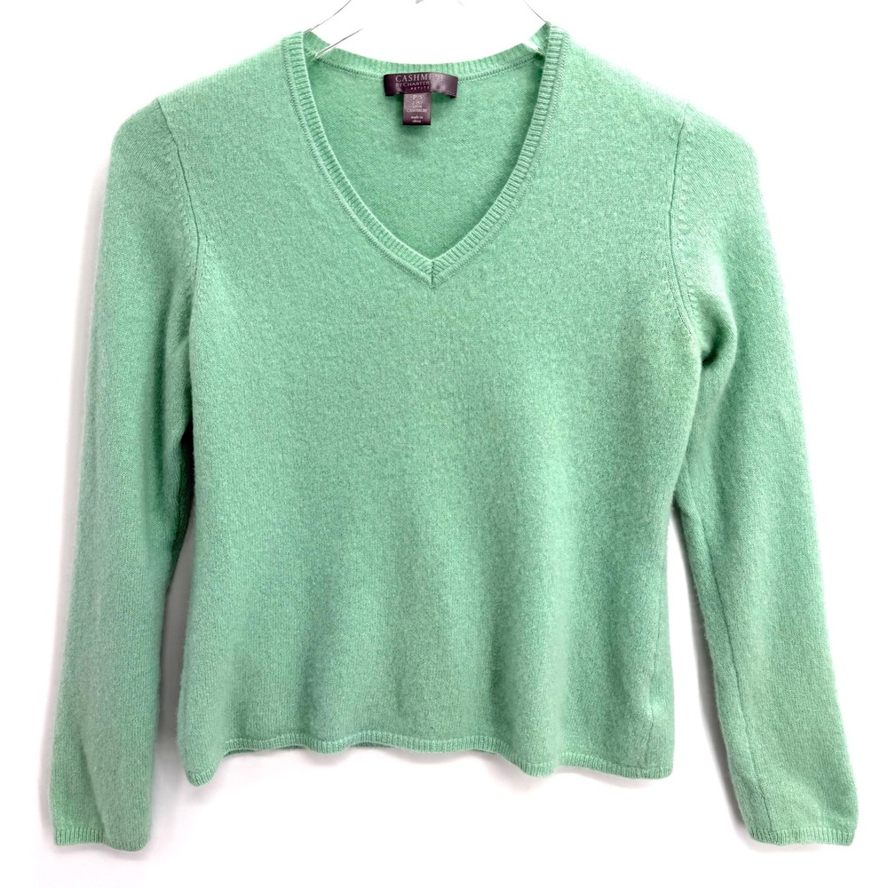 Charter Club 100% Cashmere 2-Ply Sweater Petite Size PS V-Neck Mint Green
